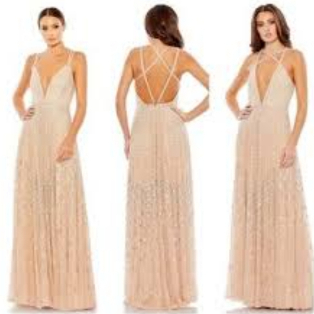 Mac Duggal 93701 Plunging V-Neck Empire Waist A-Line Dress Nude Silver Sz 10 NWT